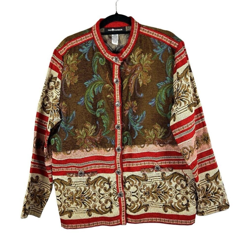Sag Harbor Size 16 No Collar Button Down Long Sleeves Tapestry Print Jacket